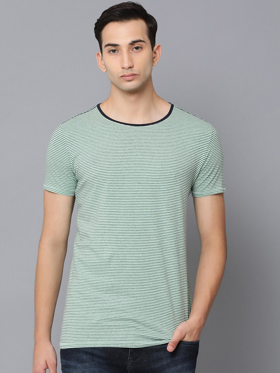 LINDBERGH Men Turquoise Blue Striped Round Neck T-shirt