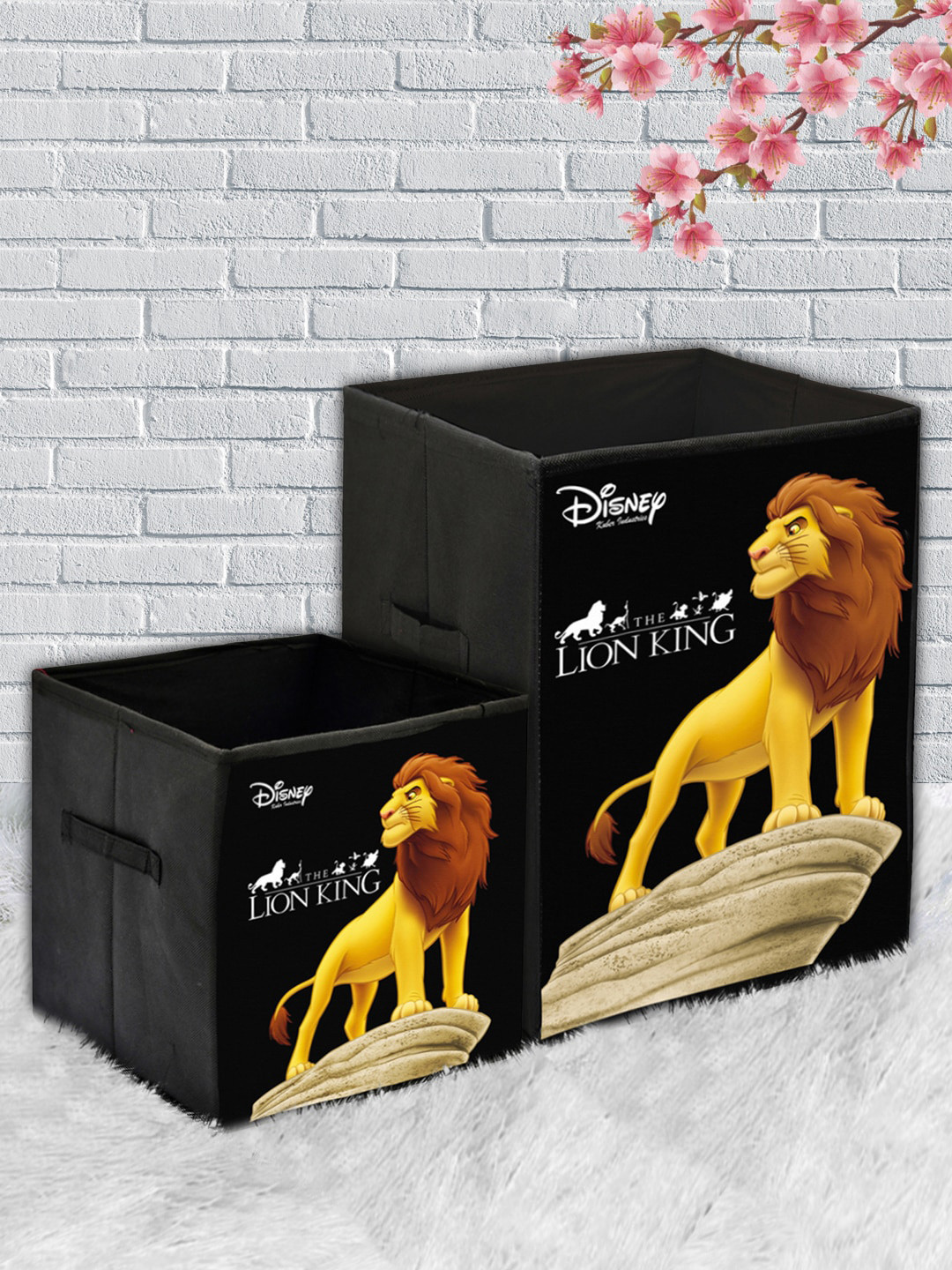 Kuber Industries Set Of 2 Black & Yellow Disney Lion King Printed Foldable Multi-Utility Storage Cubes With Handle