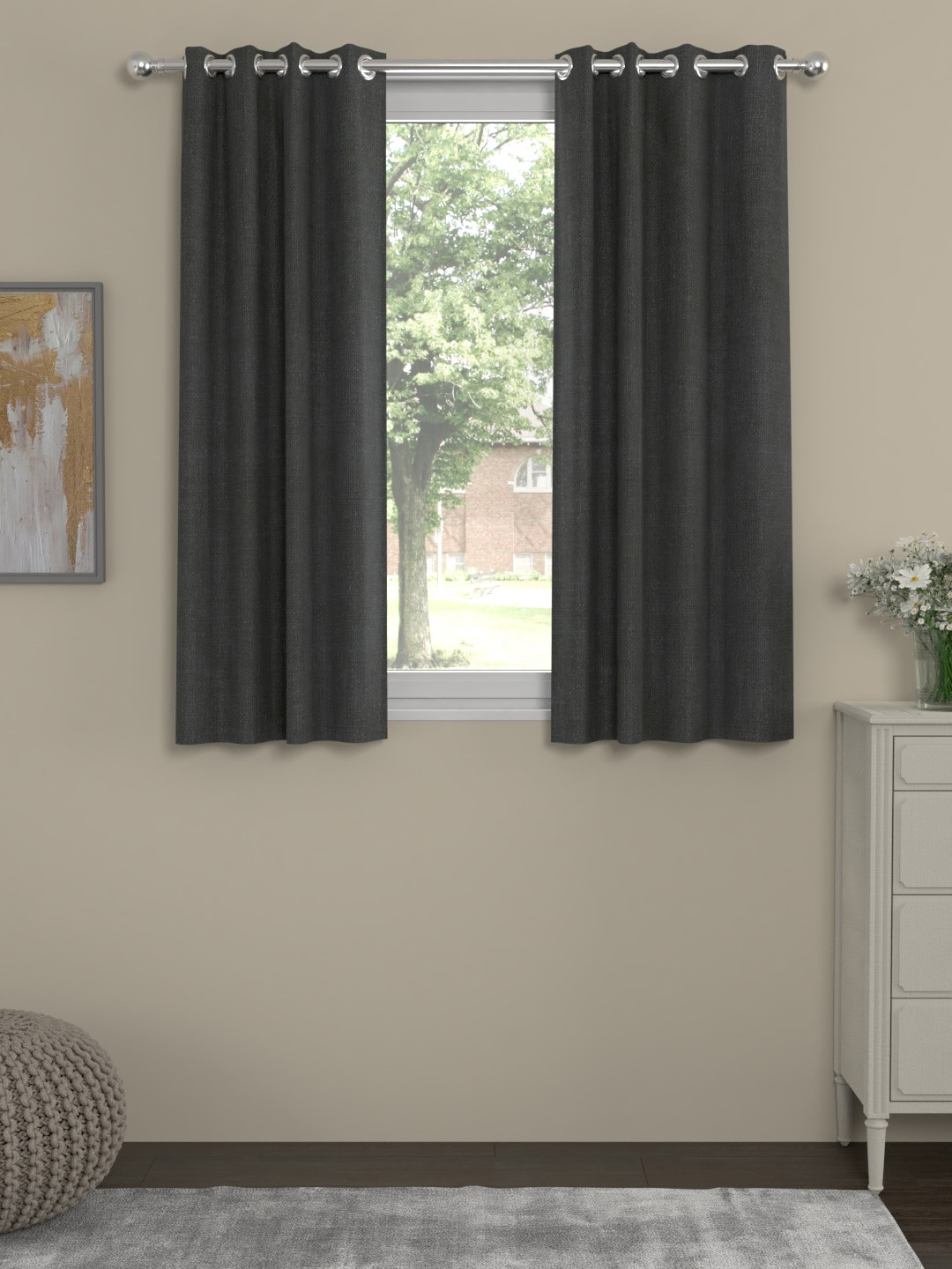 ROSARA HOME Grey Self Design Set of 2 Window Curtains