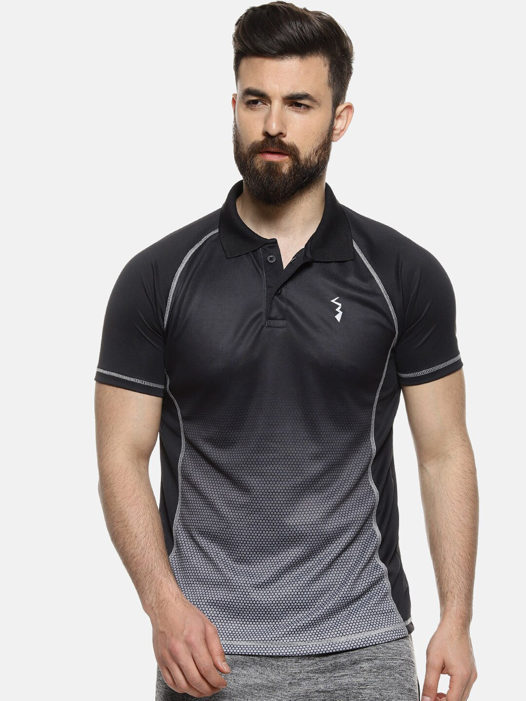 CAHOOT Men Black & Grey Colourblocked Polo Collar Anti-Microbial T-shirt