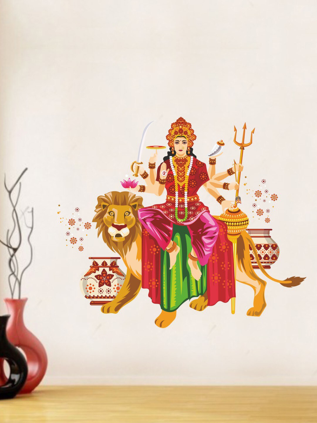 rawpockets Red & Pink Goddess Durga with Lion Wall Sticker