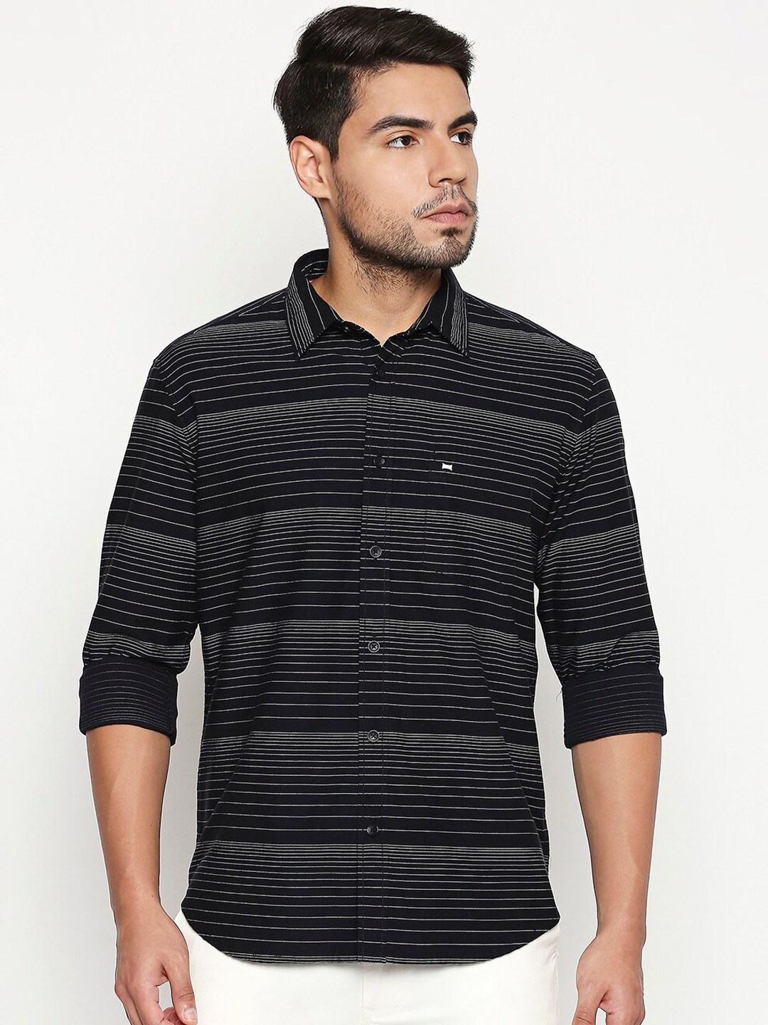 Basics Men Black Slim Fit Striped Casual Shirt