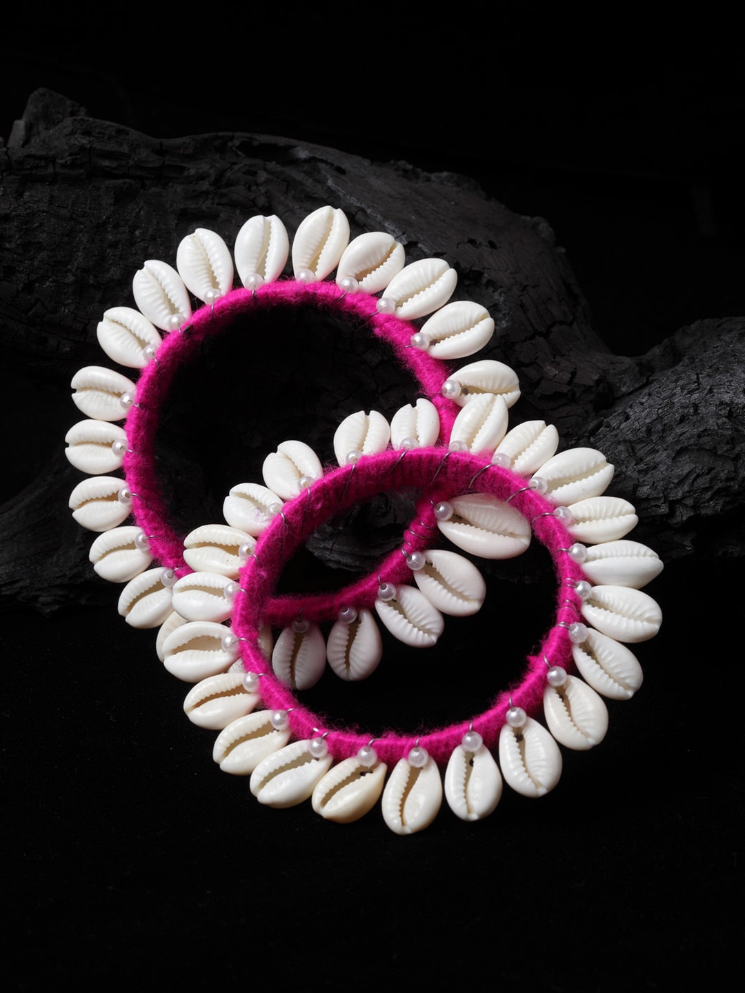 PANASH Set Of 2 Pink & Off-White Silk Thread Shell Handcrafted Bangles