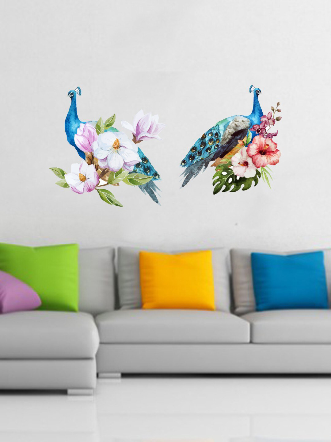 rawpockets Blue & White Peacock Pair On Flower Wall Stickers