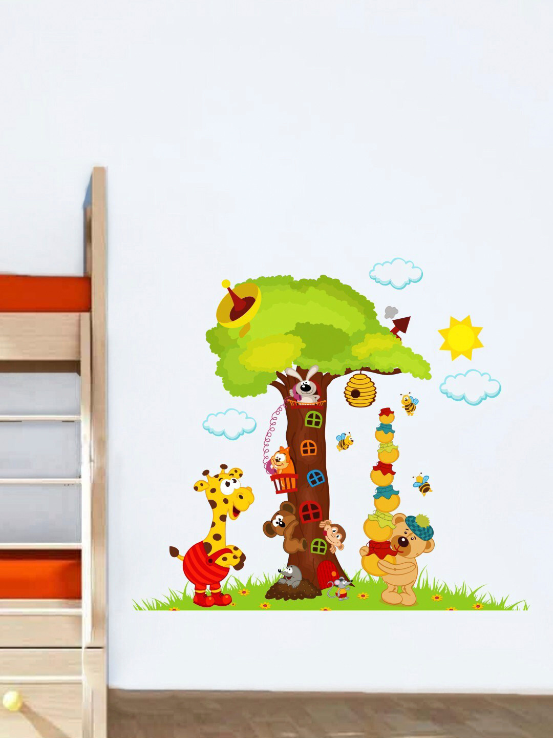 rawpockets Green & Brown Big Tree And Animals Cartoon Vinyl Wall Sticker