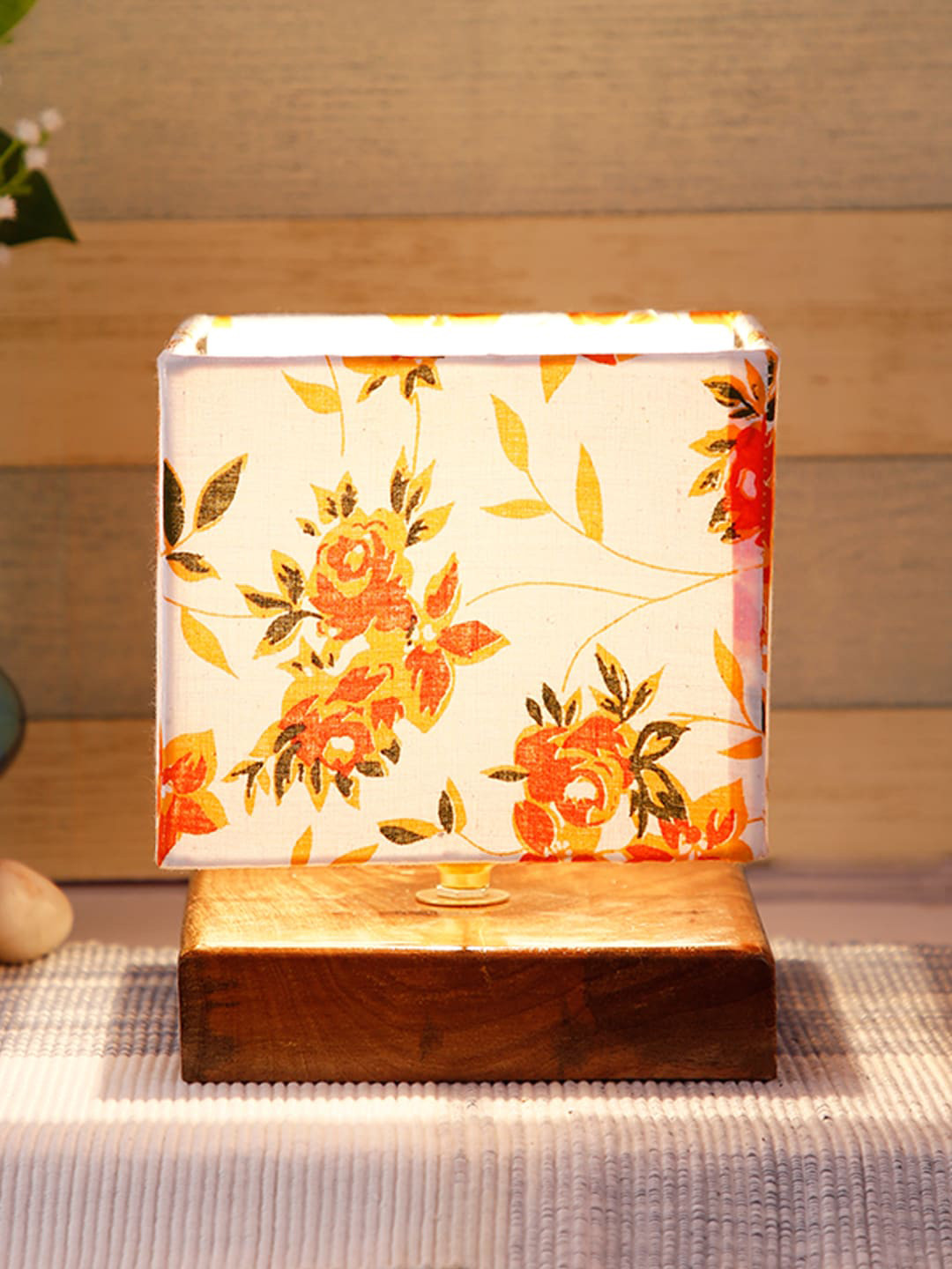 Devansh White & Orange Printed Contemporary Bedside Table Lamp