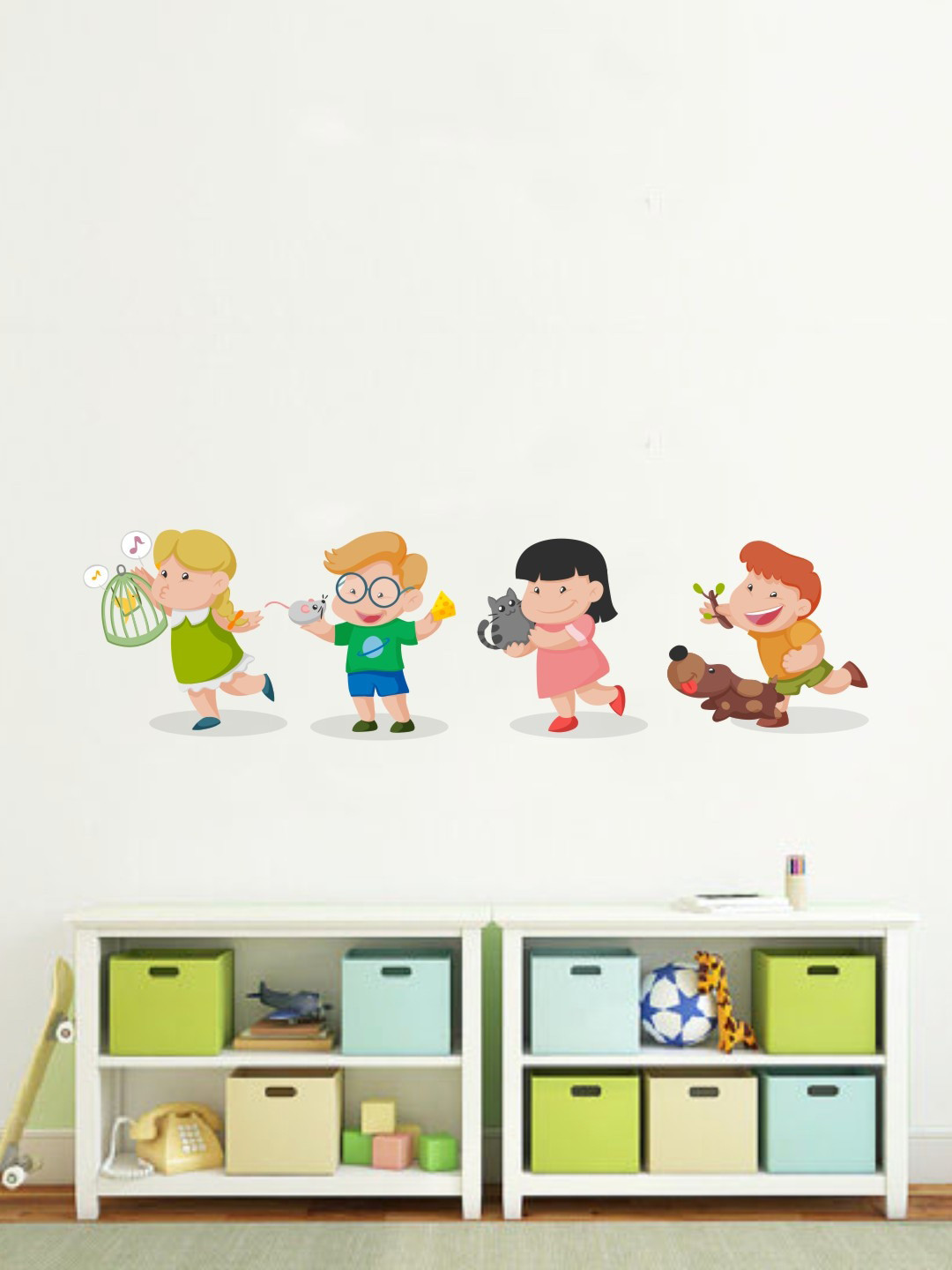 rawpockets Green & Pink Kids Playing with Animals Wall Sticker