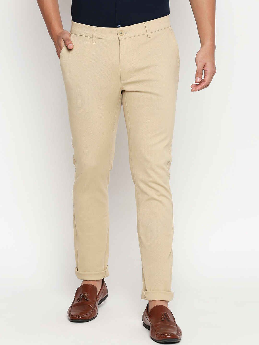 Basics Men Khaki Tapered Fit Self Design Chinos