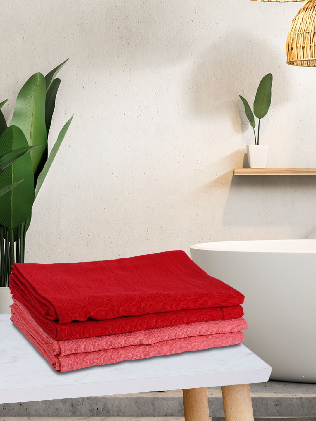 KOPA LORENA Set Of 4 Red & Pink Solid 300 GSM Cotton Quick-Dry One Side Terry Towels