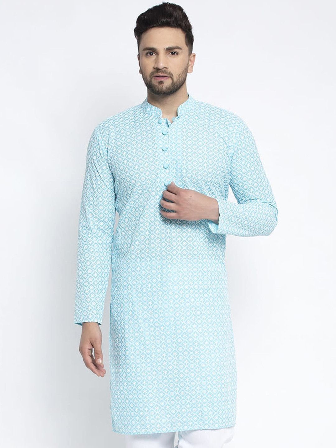 Jompers Men Turquoise Blue Woven Design Straight Kurta