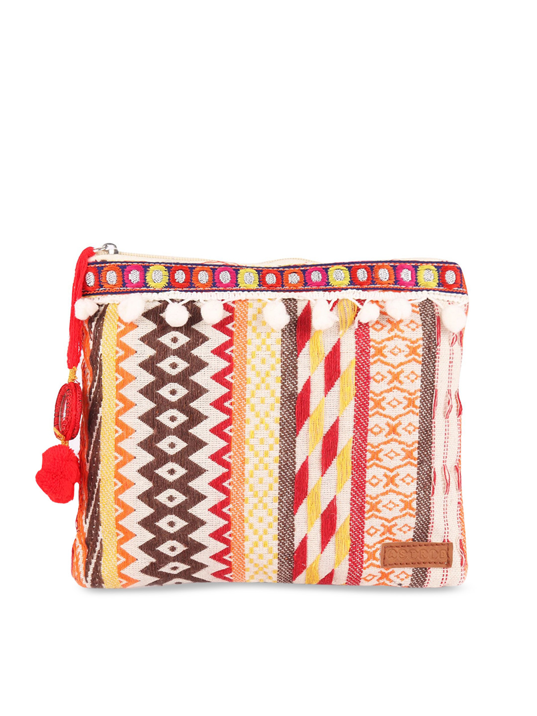 ASTRID Red Woven Design Travel Pouch With Tassels