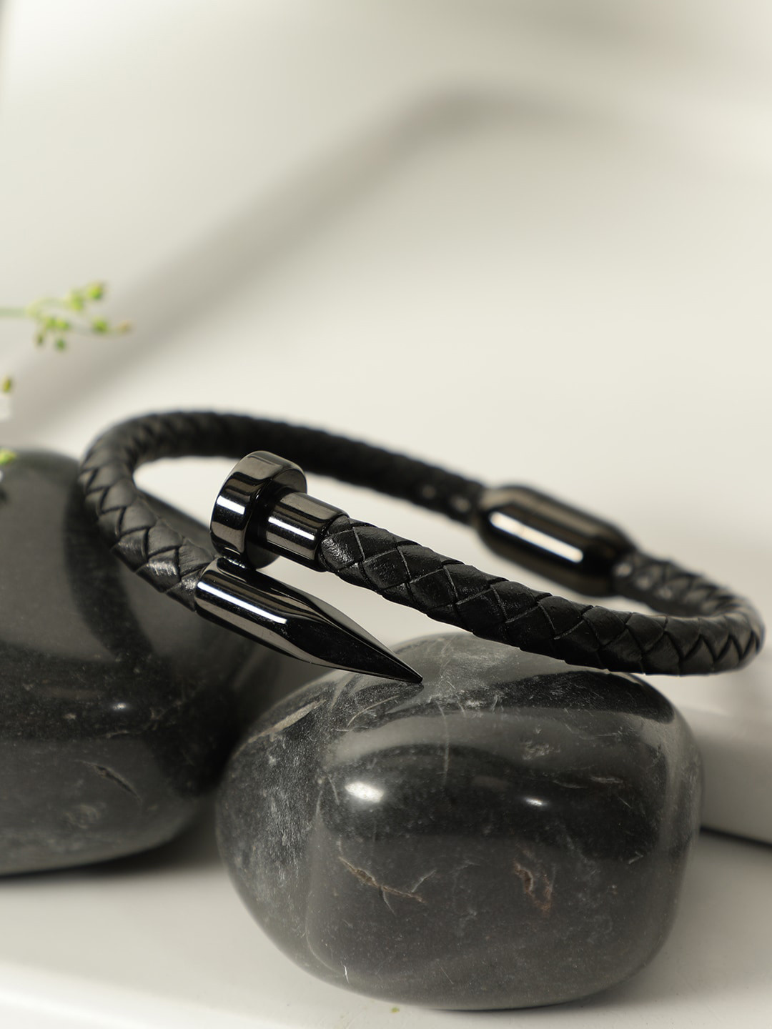 AQUASTREET Men Black Weave Leather Bracelet with Titanium Steel Nail