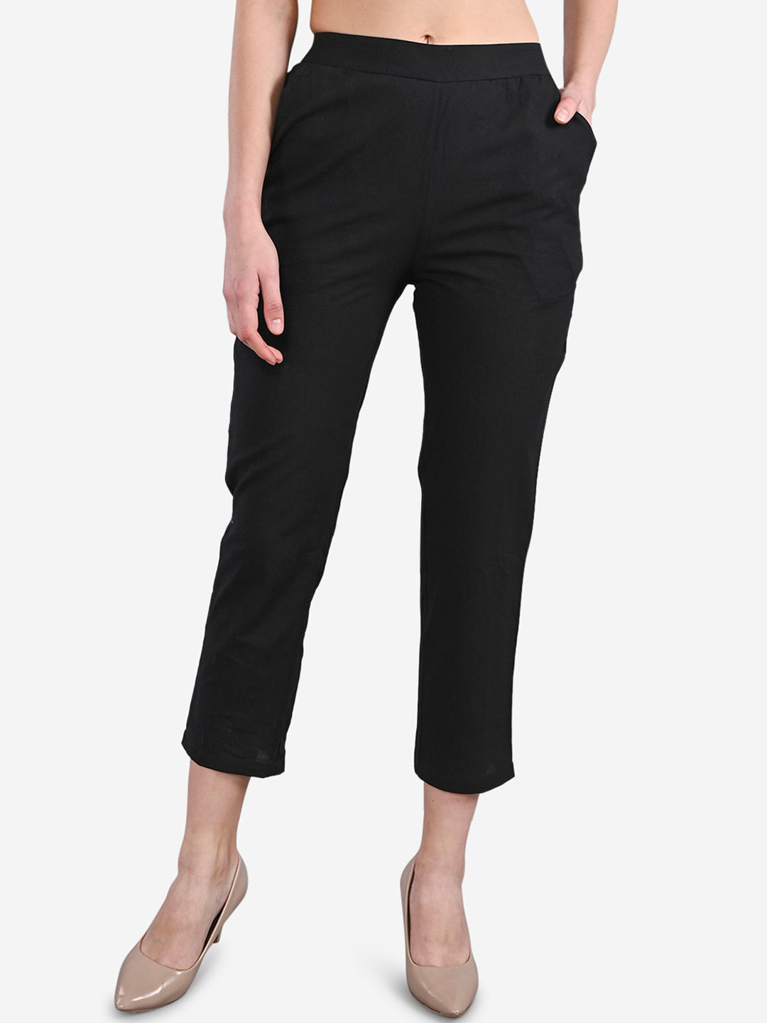 Be Indi Women Black Straight Fit Solid Cigarette Trousers