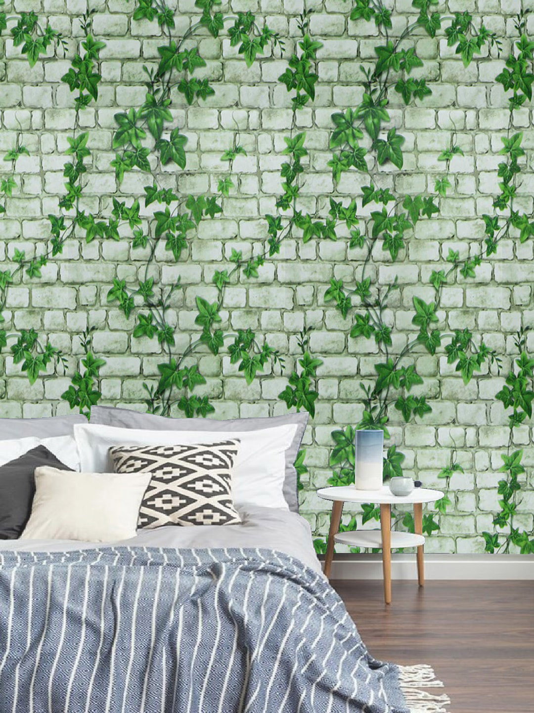 Jaamso Royals Nature White Brick with Leaves Self Adhesive Wallpaper
