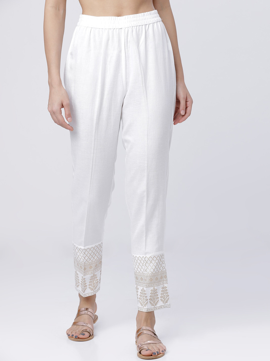 Vishudh Women Off-White Cigarette Trousers With Hem Design