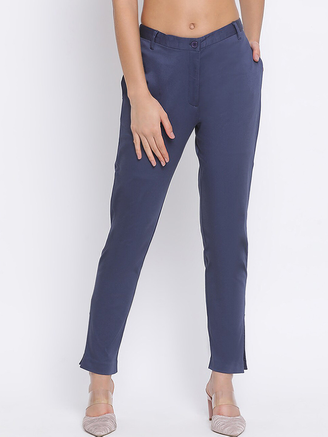 ROOTED Women Navy Blue Slim Fit Solid Regular Trousers