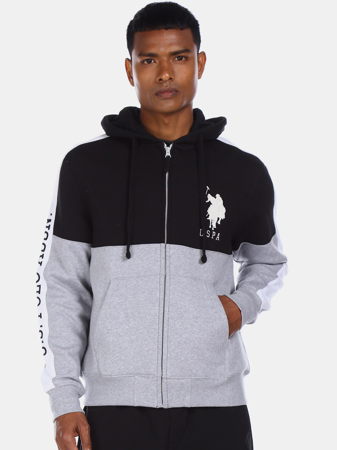 U.S. Polo Assn. Men Black & Grey Colourblocked Hooded Sweatshirt