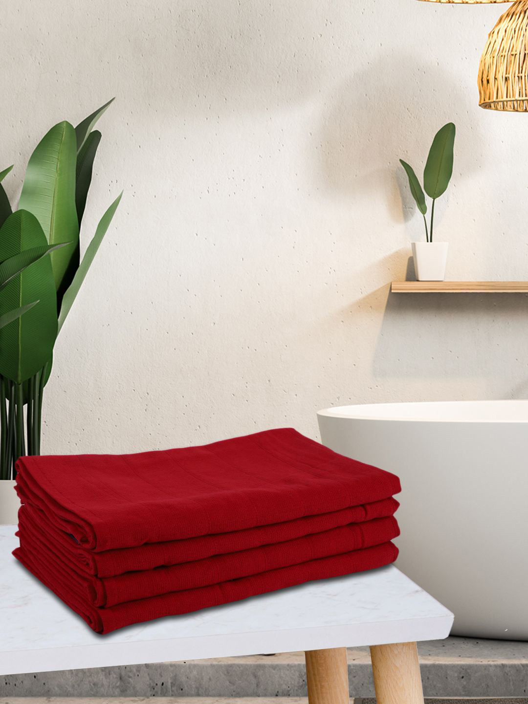 KOPA LORENA Unisex Set Of 4 Red Solid 300 GSM Cotton Quick-Dry One Side Terry Towels