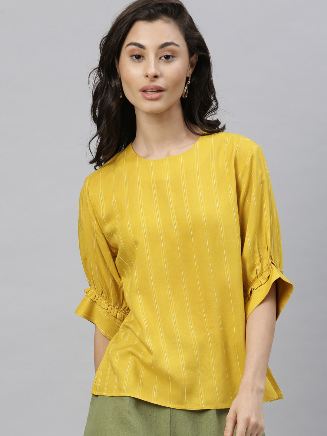 RAREISM Yellow Striped Puff Sleeves Top