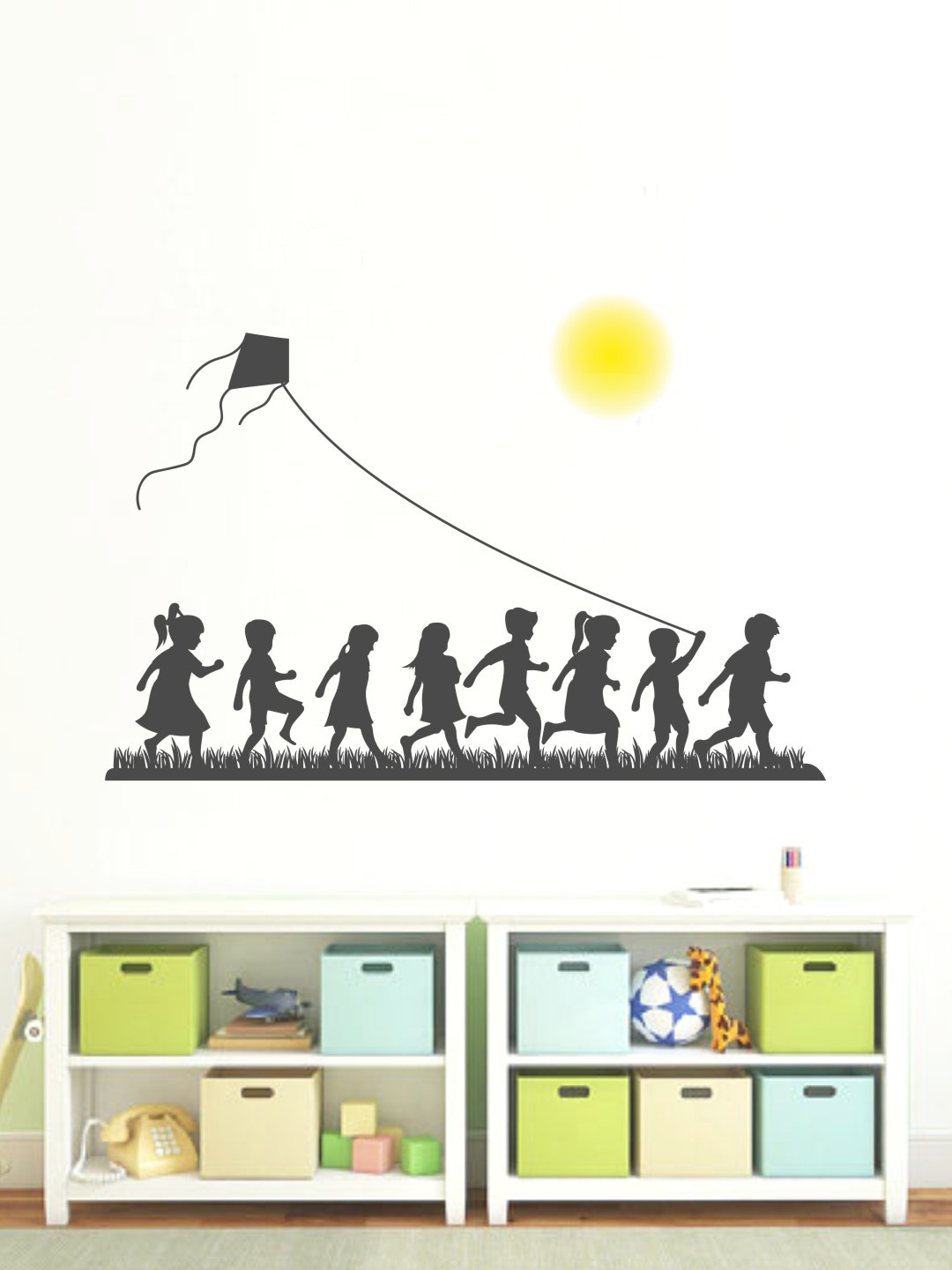 rawpockets Black & Yellow Kid's Playing Kites on Sunset Wall Sticker