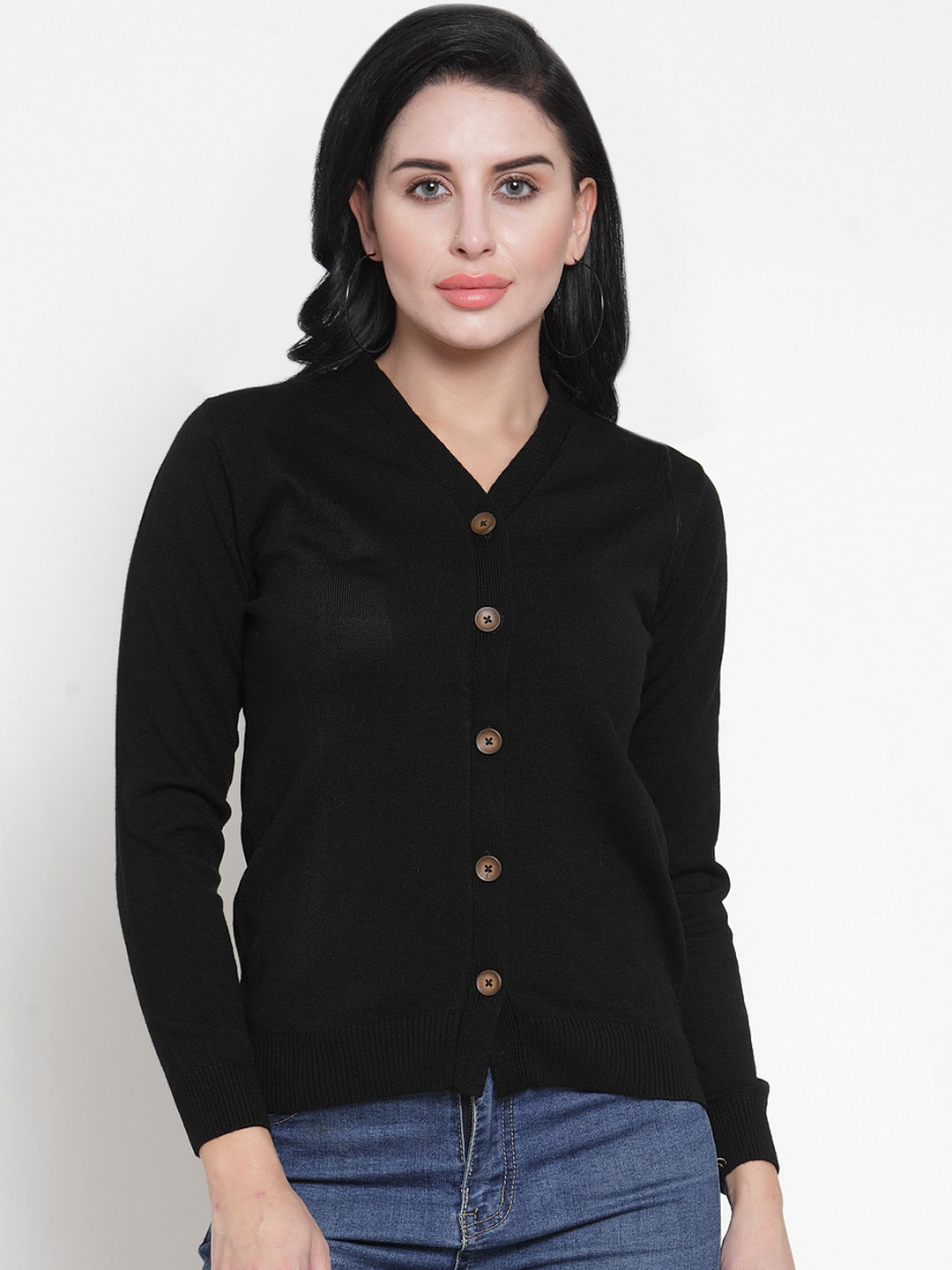 Kalt Women Black Solid Cardigan Sweater