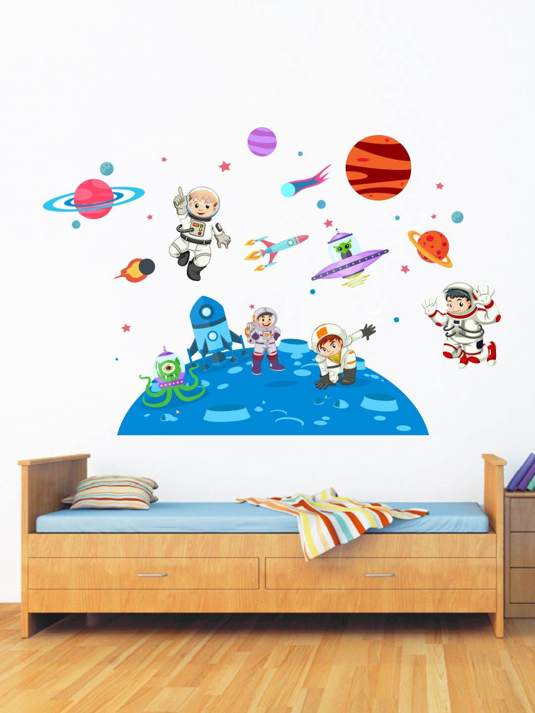 rawpockets Blue & Orange Kids On Space Vinyl Wall Sticker
