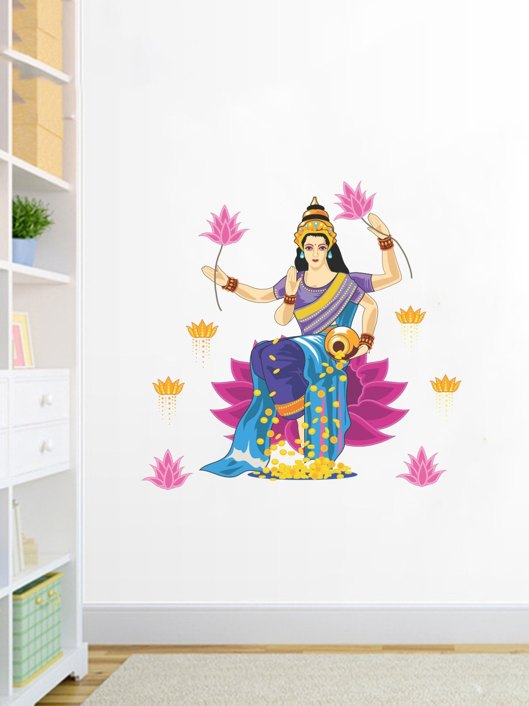 rawpockets Blue & Pink Goddess Lakshmi Blessing Gold Wall Sticker