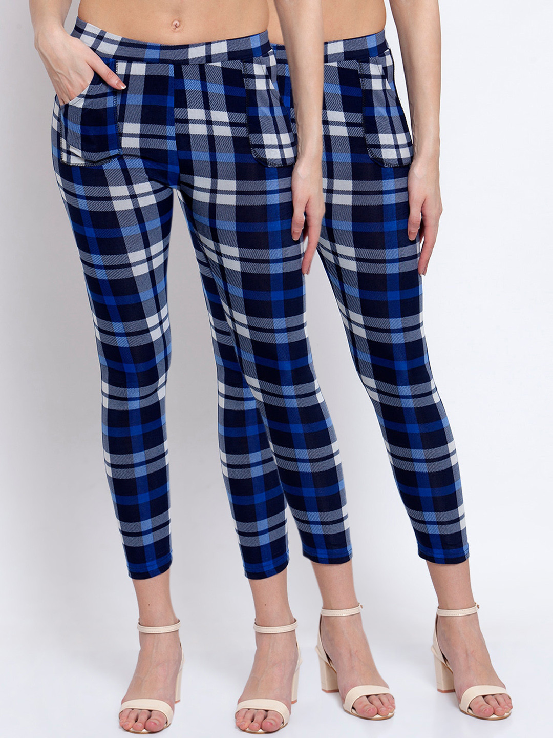 KLOTTHE Women Pack Of 2 Blue & White Checked Ankle-Length Leggings