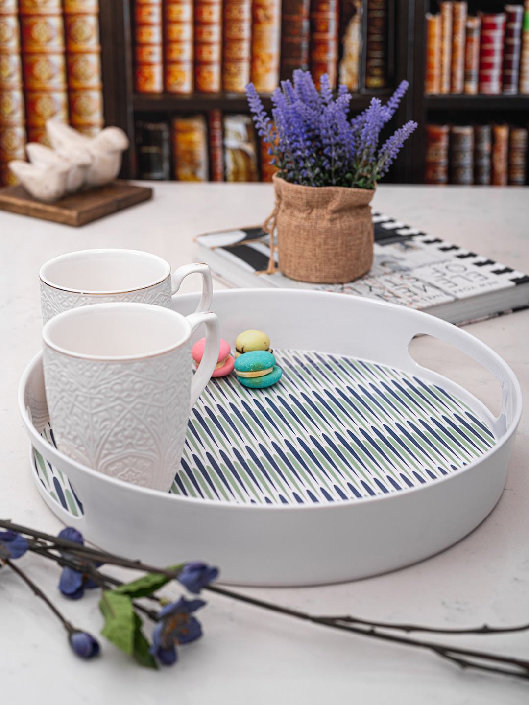 GOODHOMES White & Blue Printed Melamine Round Serving Tray
