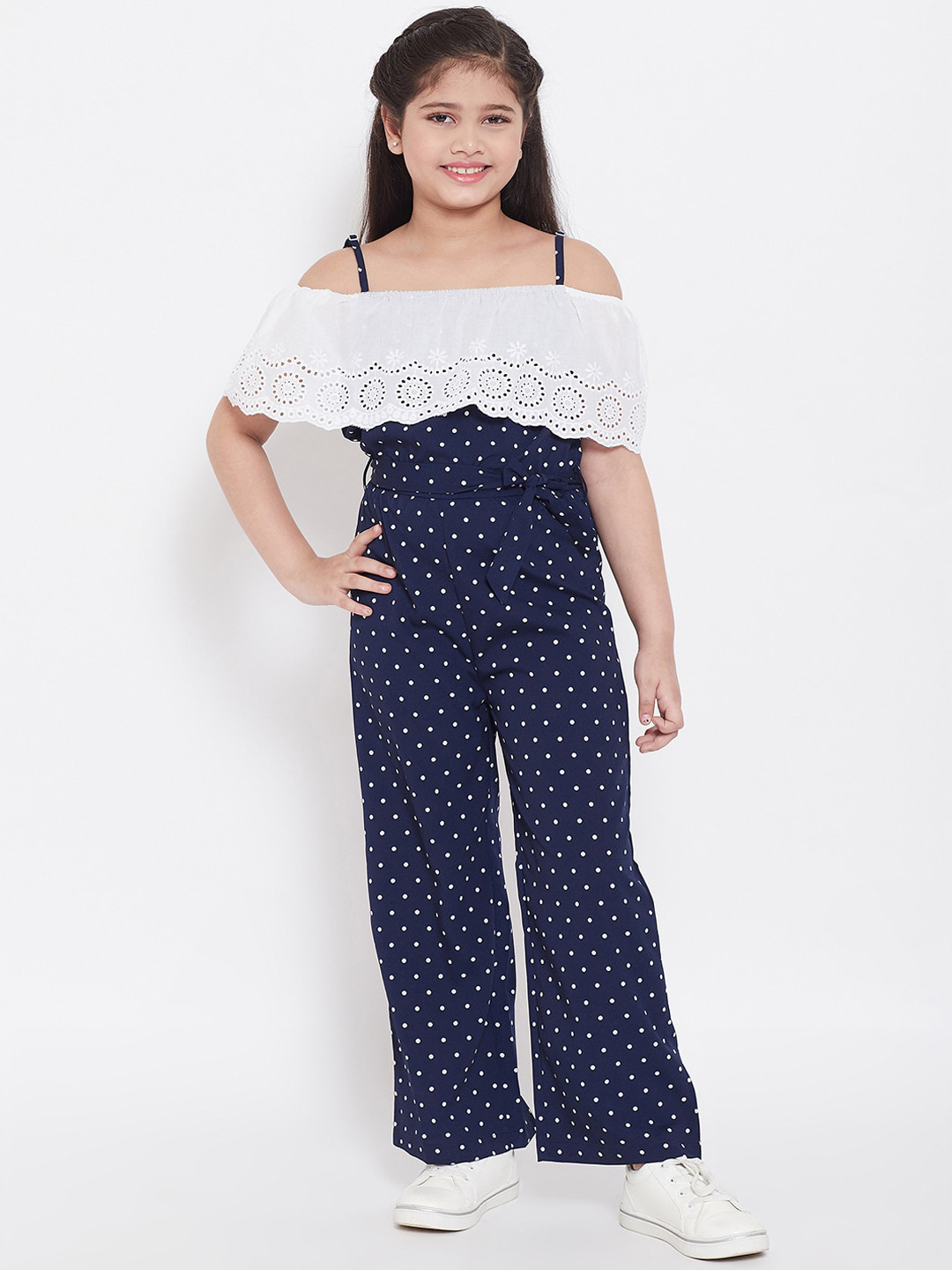 Stylo Bug Girls Navy Blue & White Printed Basic Jumpsuit