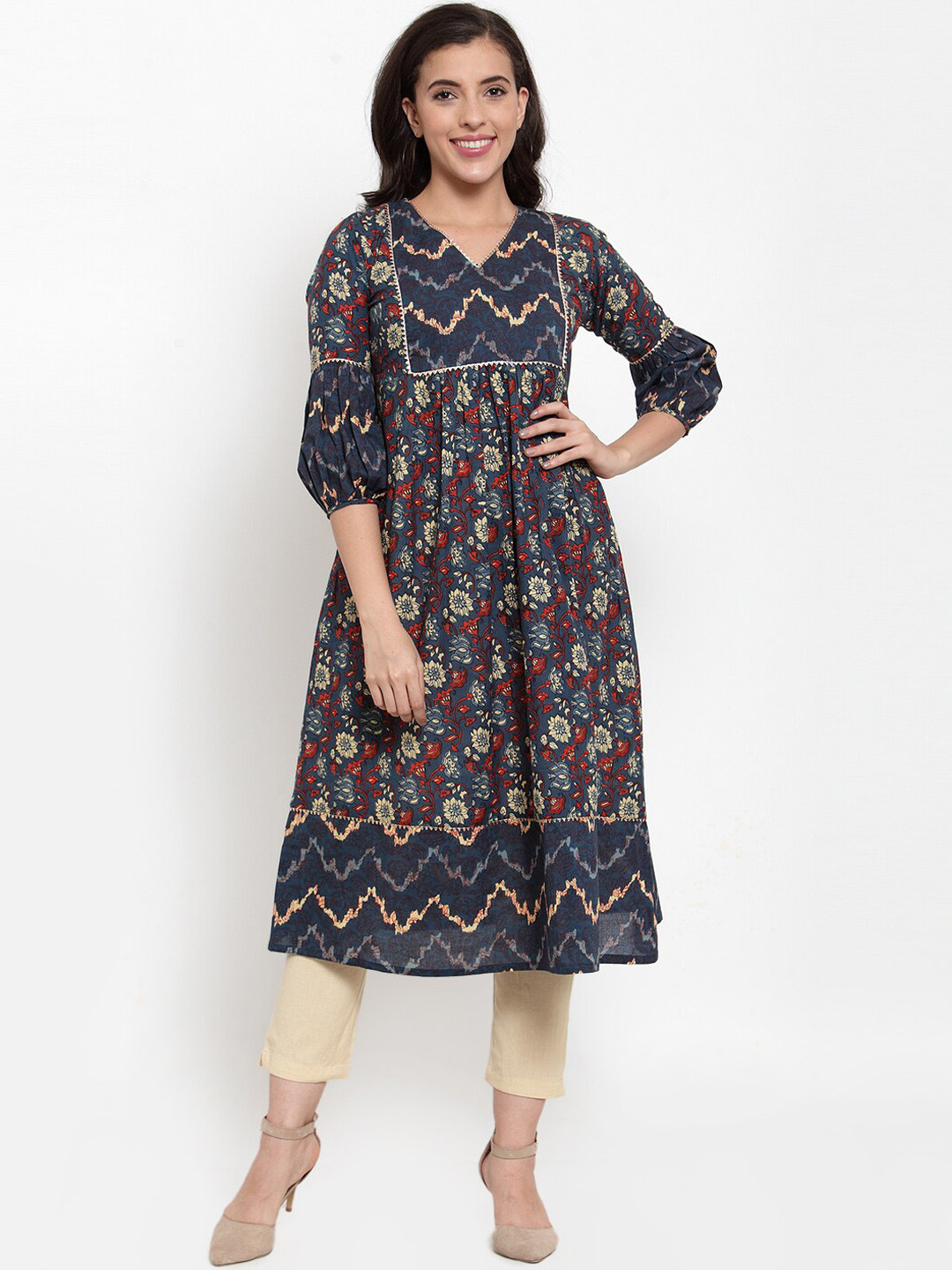 Indibelle Women Blue & Beige Printed Kurta with Trousers