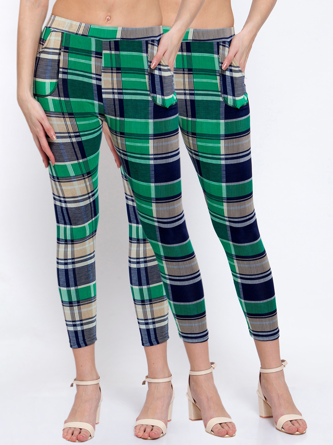 KLOTTHE Women Pack Of 2 Green & Grey Checked Cropped Leggings