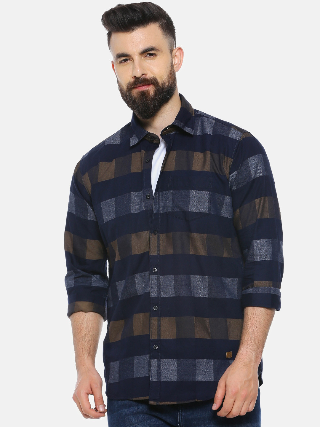 Campus Sutra Men Navy Blue & Brown Regular Fit Checked Casual Shirt