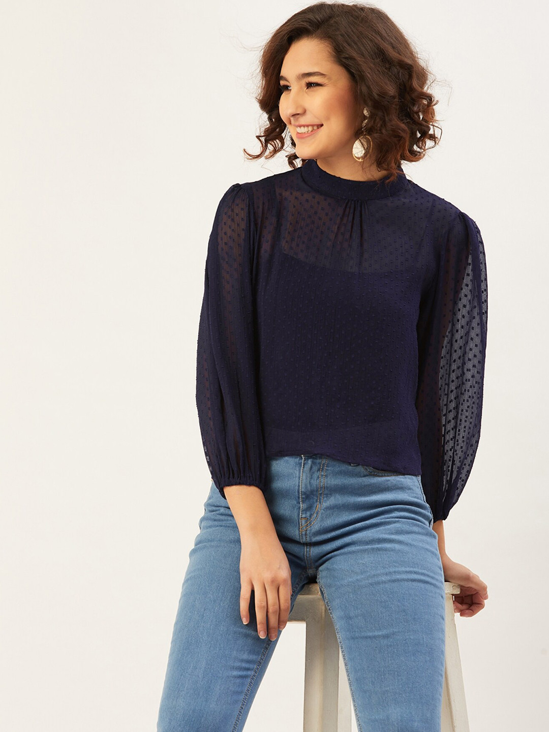 ANVI Be Yourself Navy Blue Puff Sleeves Chiffon Top