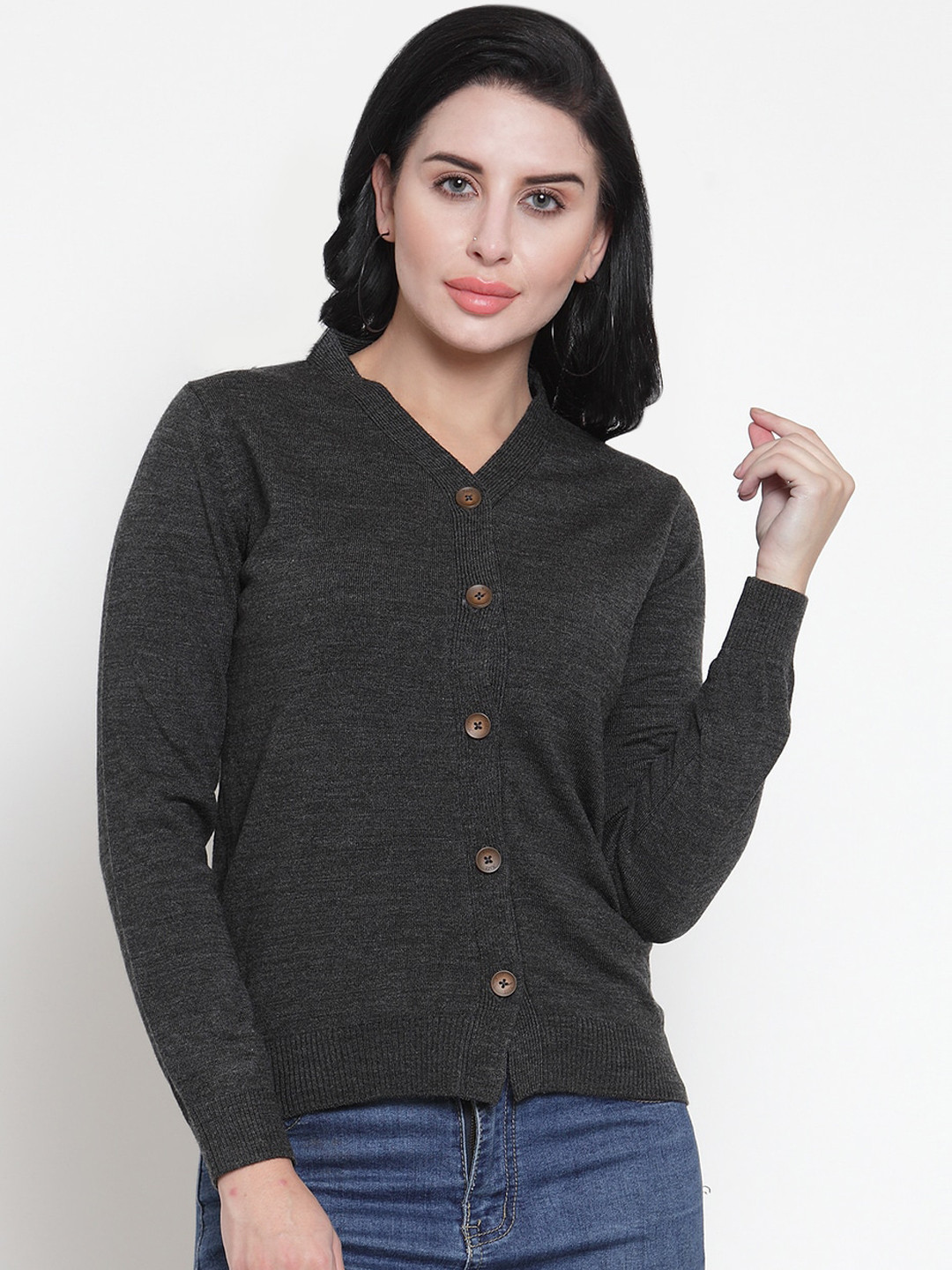 Kalt Women Charcoal Grey Melange Solid Cardigan
