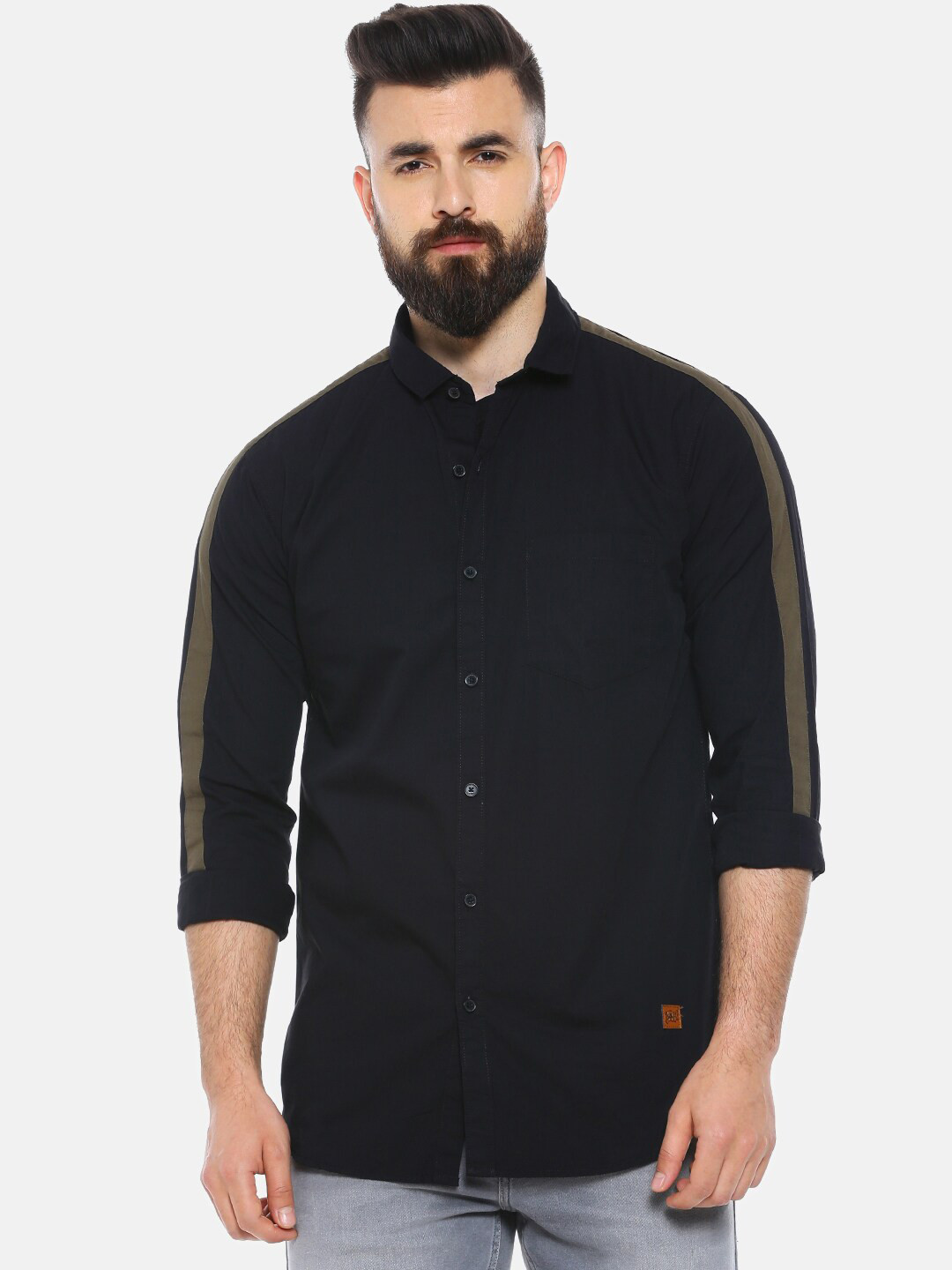 CAHOOT Men Black Regular Fit Solid Casual Shirt with Side Stripes