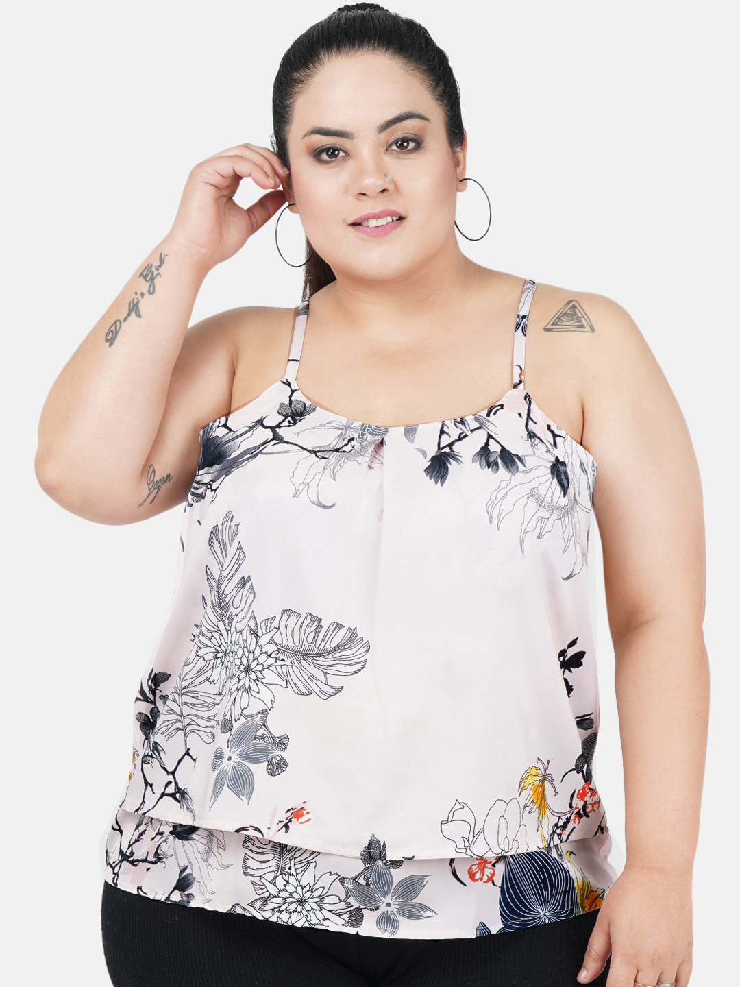 Indietoga Pink & Black Floral Printed Crepe Plus Size Top