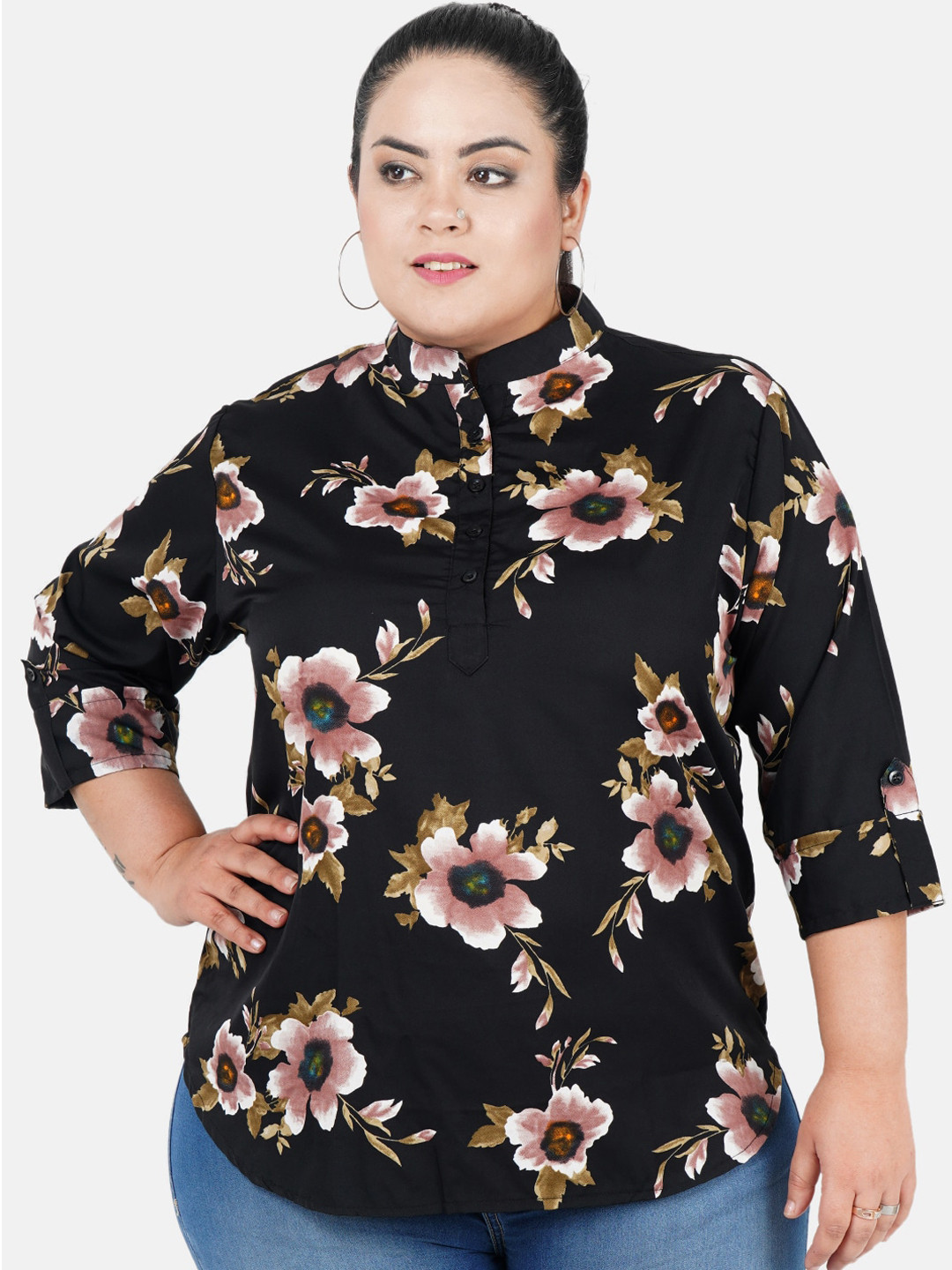 Indietoga Women Plus Size Black Floral Printed Tunic Top