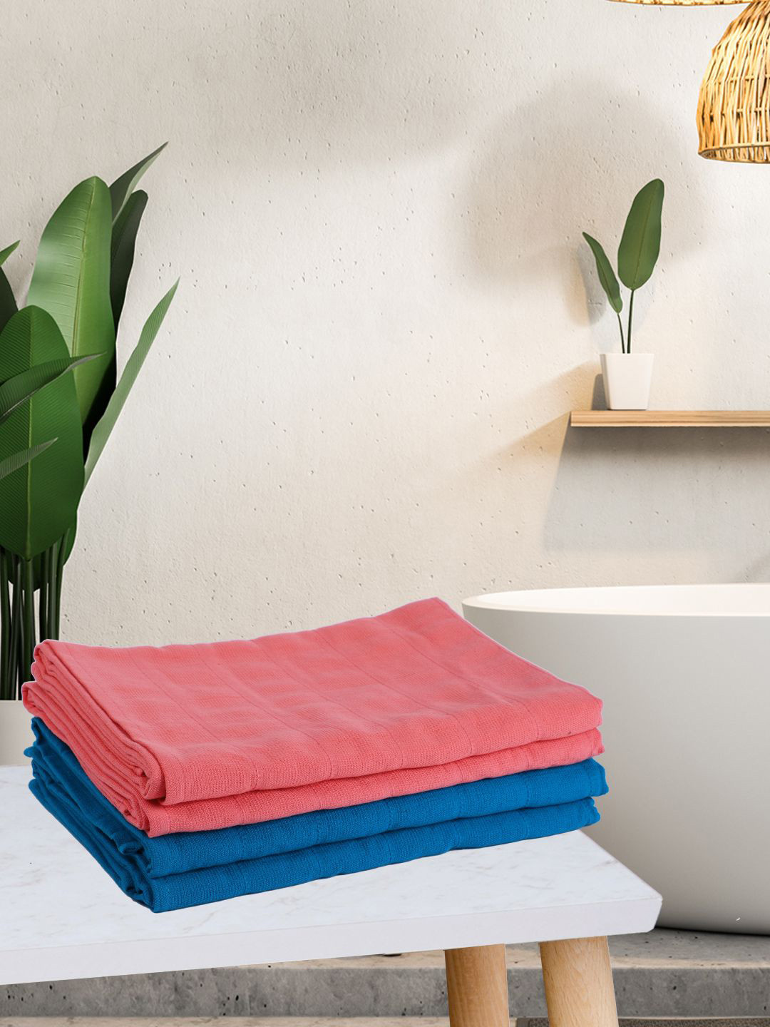 KOPA LORENA Set Of 4 Pink & Blue Solid 300 GSM Cotton Quick-Dry One Side Terry Towels