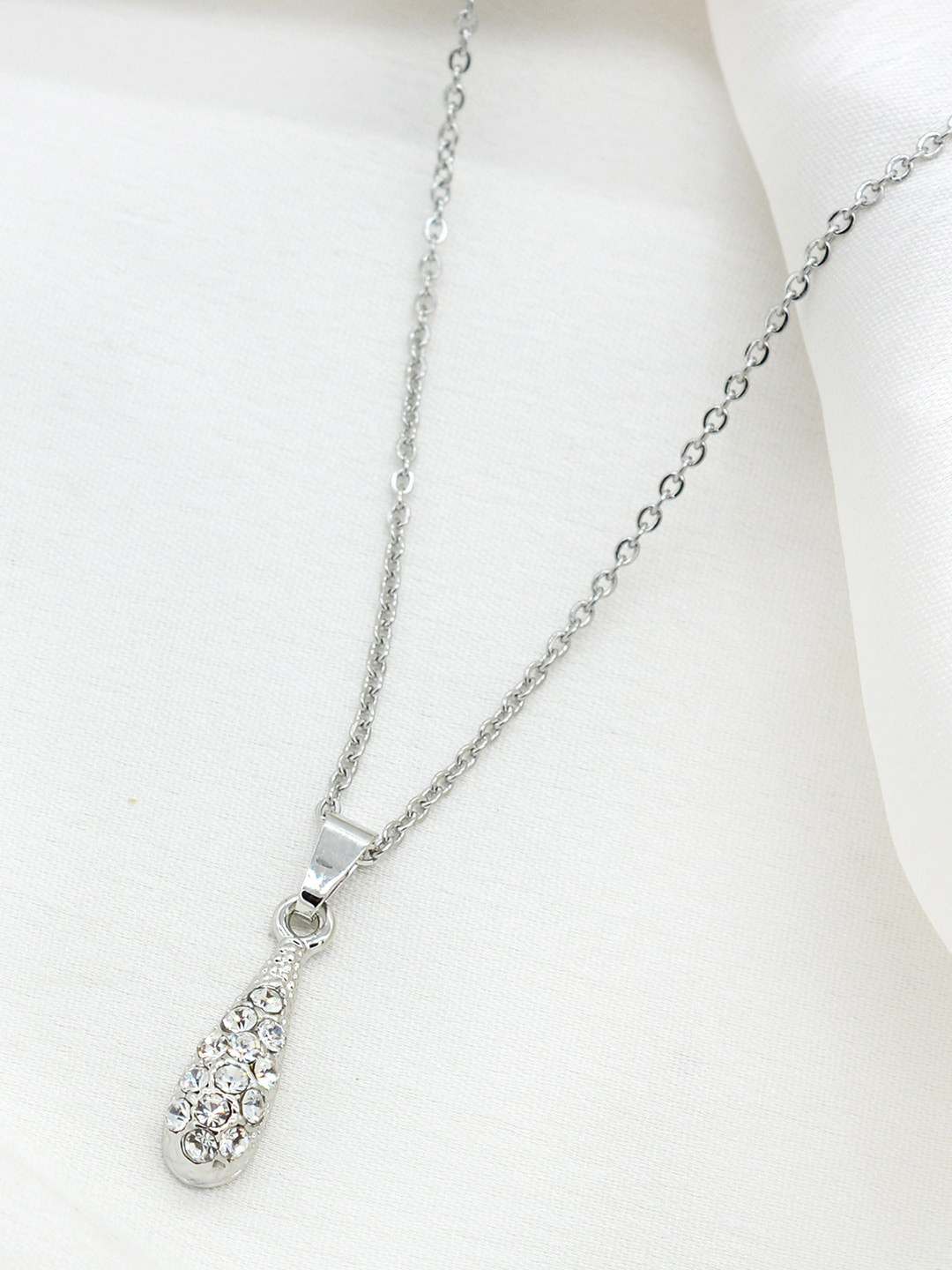 JOKER & WITCH Silver-Plated White Rhinestone-Studded Drop-Shaped Pendant With Chain
