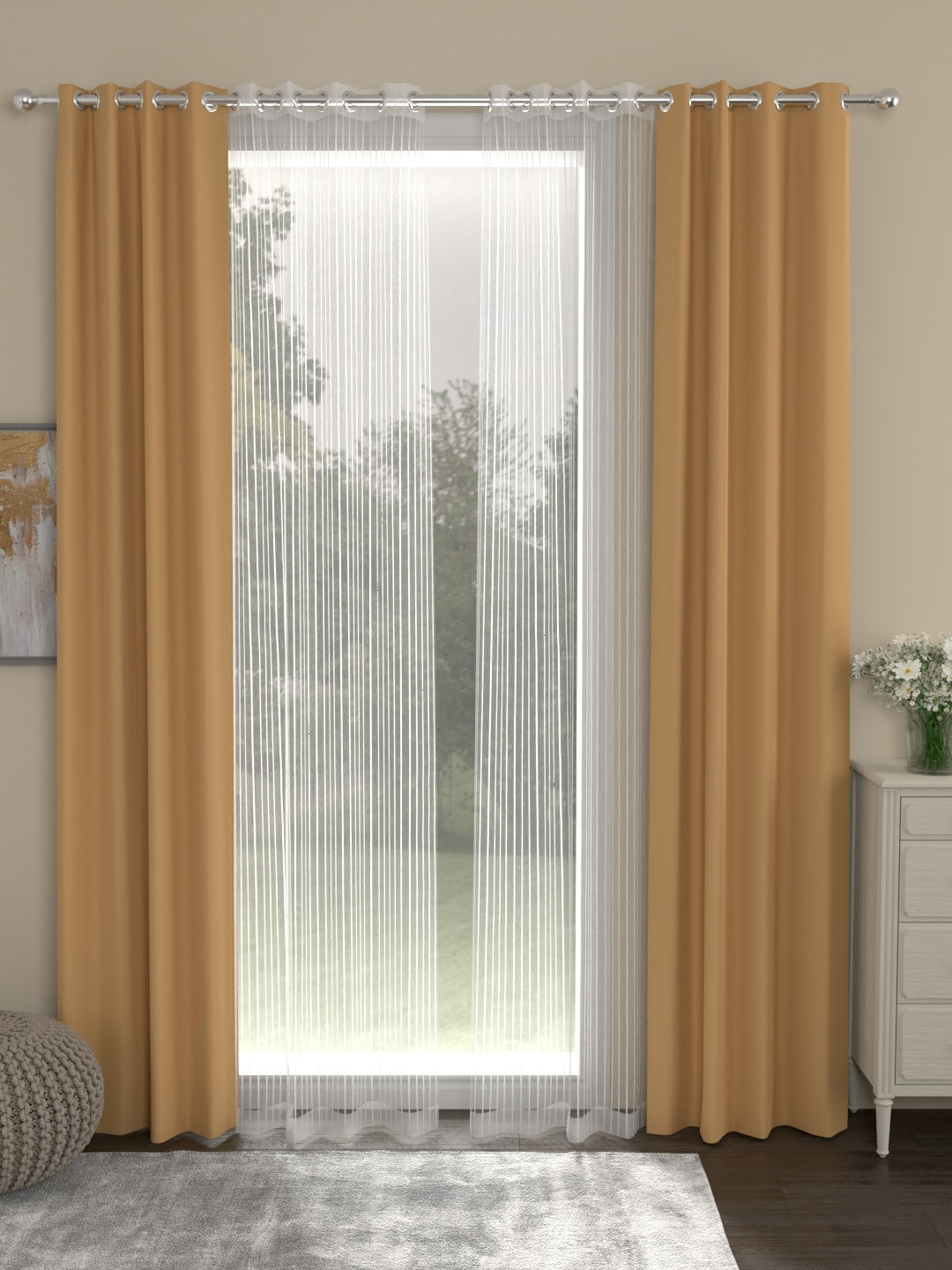 ROSARA HOME Taupe & White Set of 4 Long Door Curtains