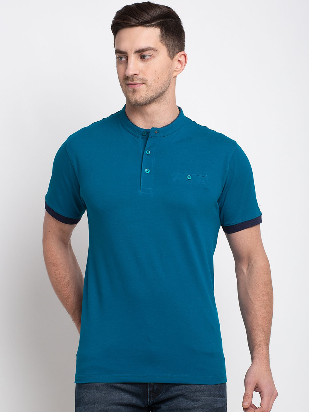 Rodamo Men Blue Solid Henley Neck T-shirt