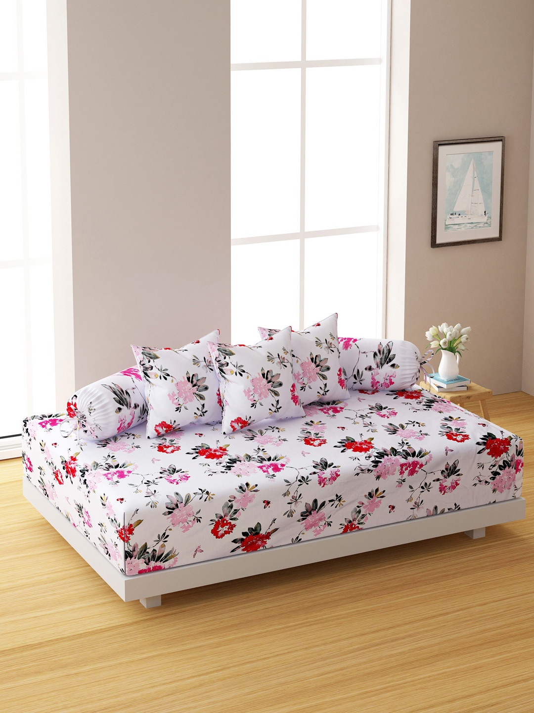 Swayam Ananda Set of 6 Pink Floral 210TC Diwan Set with Cushion & Bolster Covers