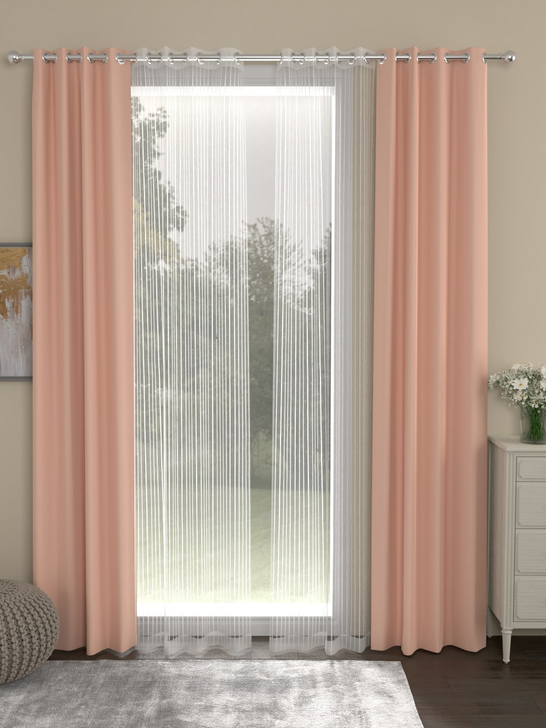 ROSARA HOME Set of 4 Peach-Coloured & Transparent Regular & Sheer Long Door Curtains