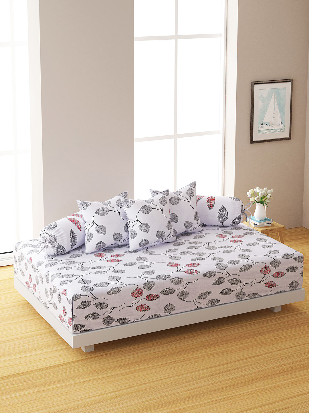 SWAYAM Set Of 6 White & Black Floral 144 TC Bedsheet With Bolster & Cushion Covers