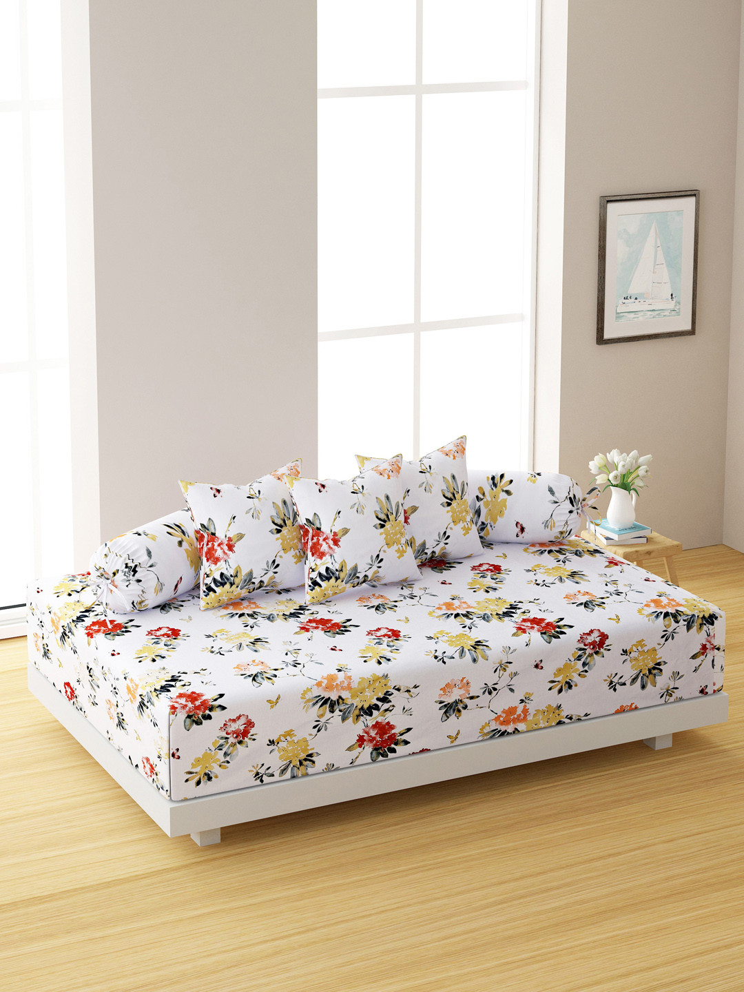 Swayam Yellow 6 Piece Floral 210 TC Pure Cotton Diwan Set With Cushion & Bolster Covers