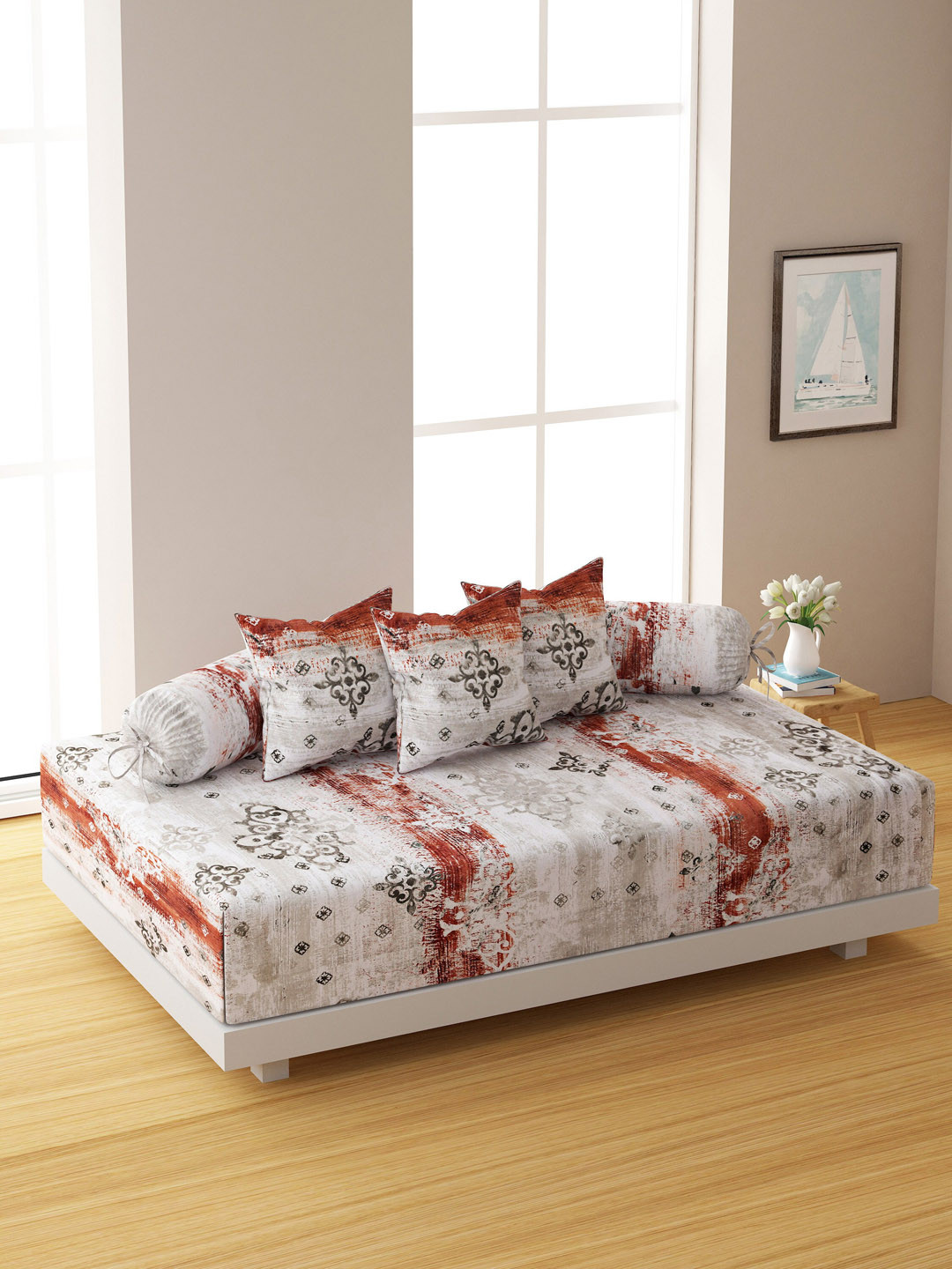 SWAYAM Set Of 6 Rustic Red & Grey 160TC Cotton Diwan Set with Cushion & Bolster Covers