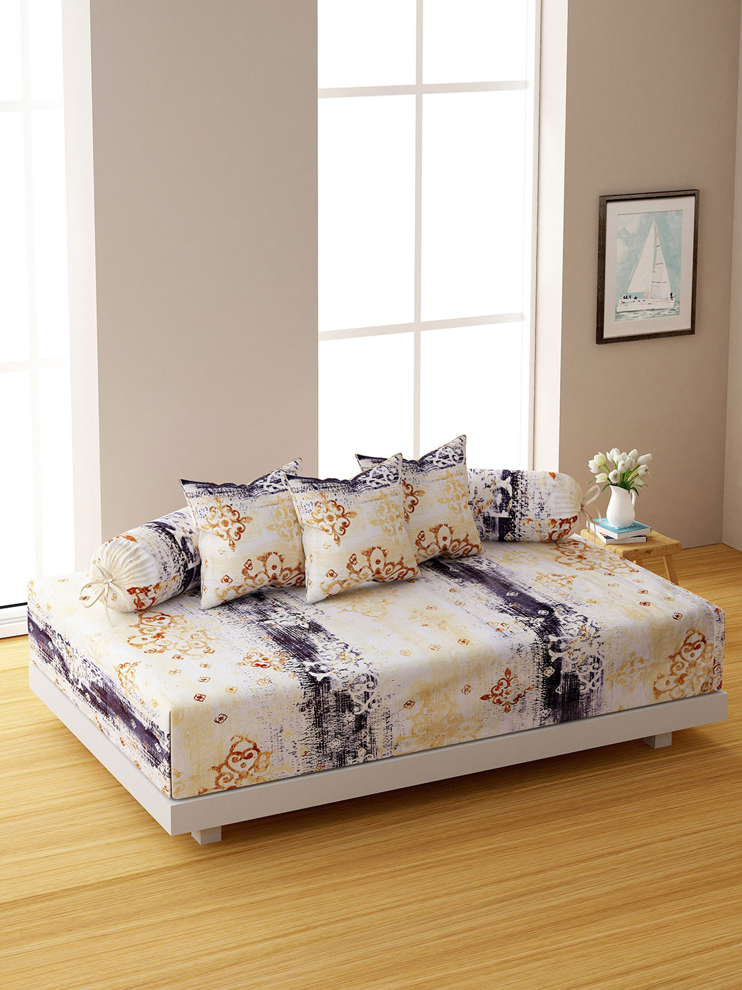 SWAYAM Set Of 6 Yellow & Brown Printed 144 TC Bedsheet With Bolster & Cushion Covers