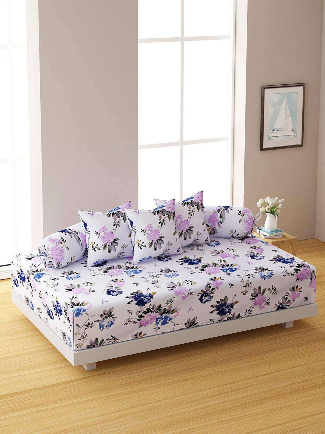 SWAYAM Set Of 6 White & Blue Floral Printed 200 TC Bedsheet With Bolster & Cushion Covers