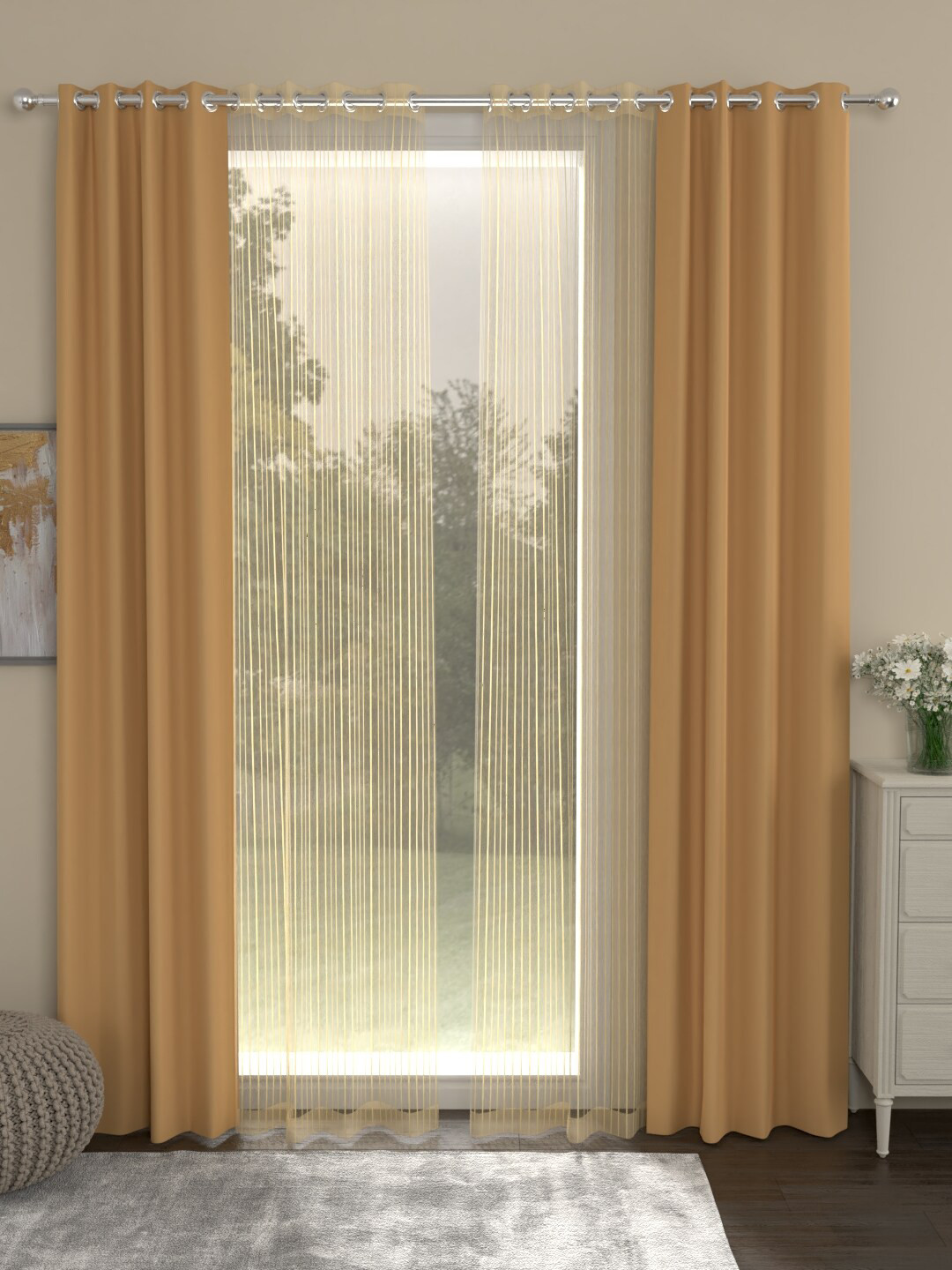ROSARA HOME Taupe & Transparent Set of 4 Long Door Curtains